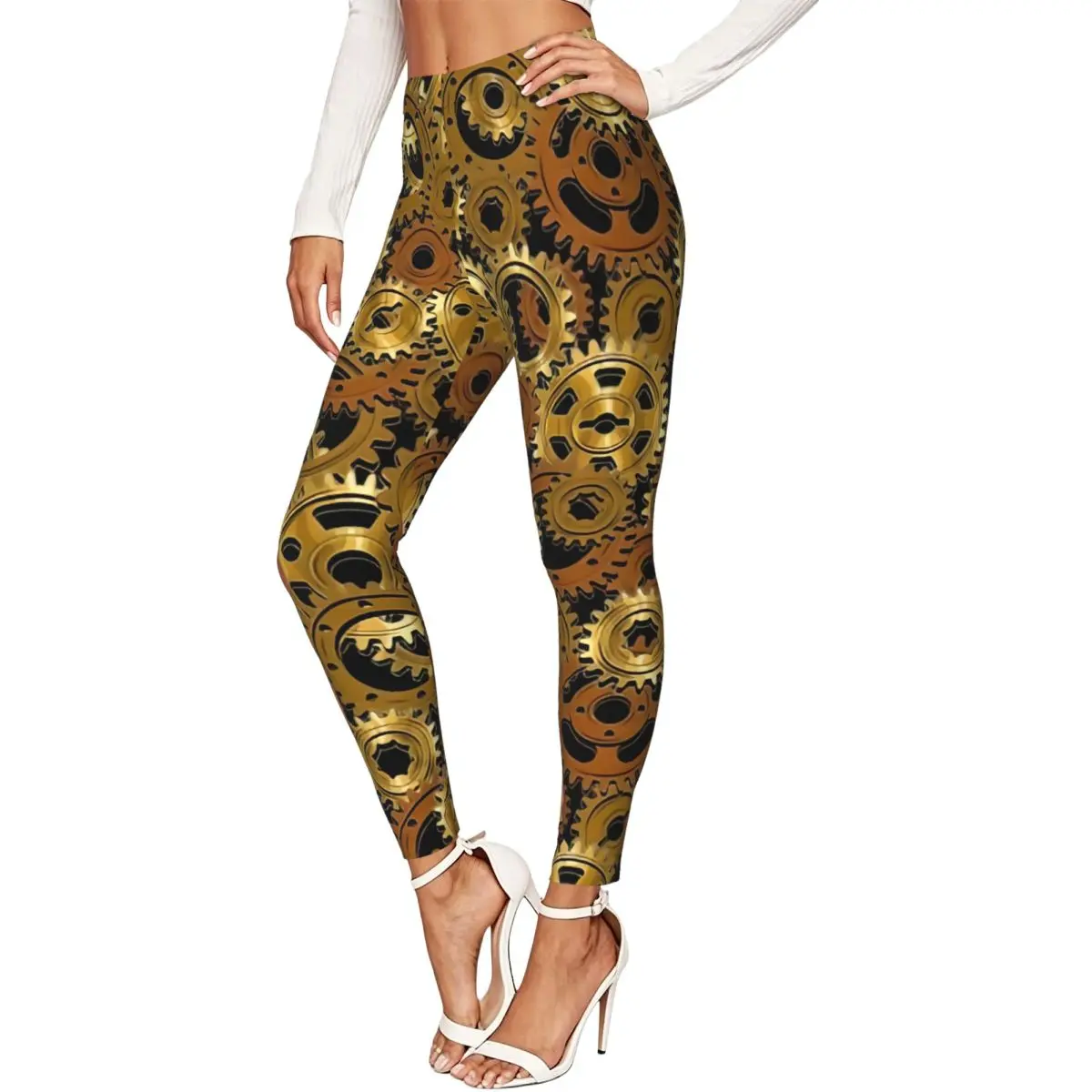 Ladies Elastic Waist Skinny Leggings Mechanical Machine Gears Steampunk Style Trousers For Daily Outdoor