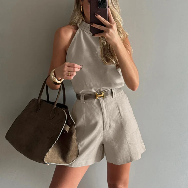 

Fashion Loose Khaki Cotton 2 Piece Sets Woman Outfit Summer Sleeveless Tank Top High Waist Shorts Set Female Office Lady Street