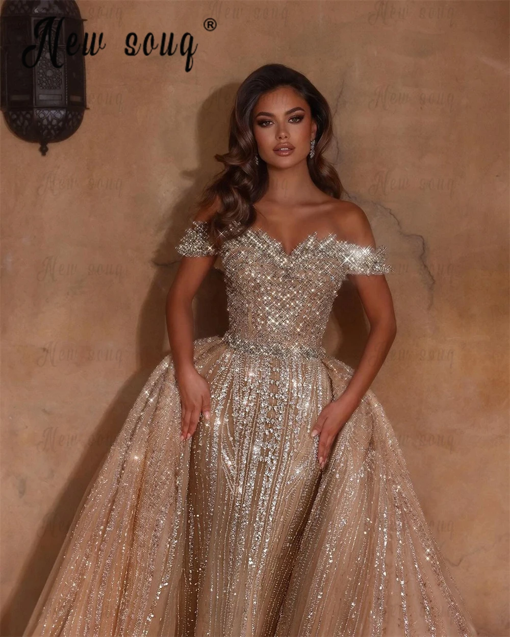 Sparkling Dark Champagne Evening Dress Pearls Sequined Lace Bridal Gowns Long-Sleeve Sweep Train Plus Size For Formal Engagement