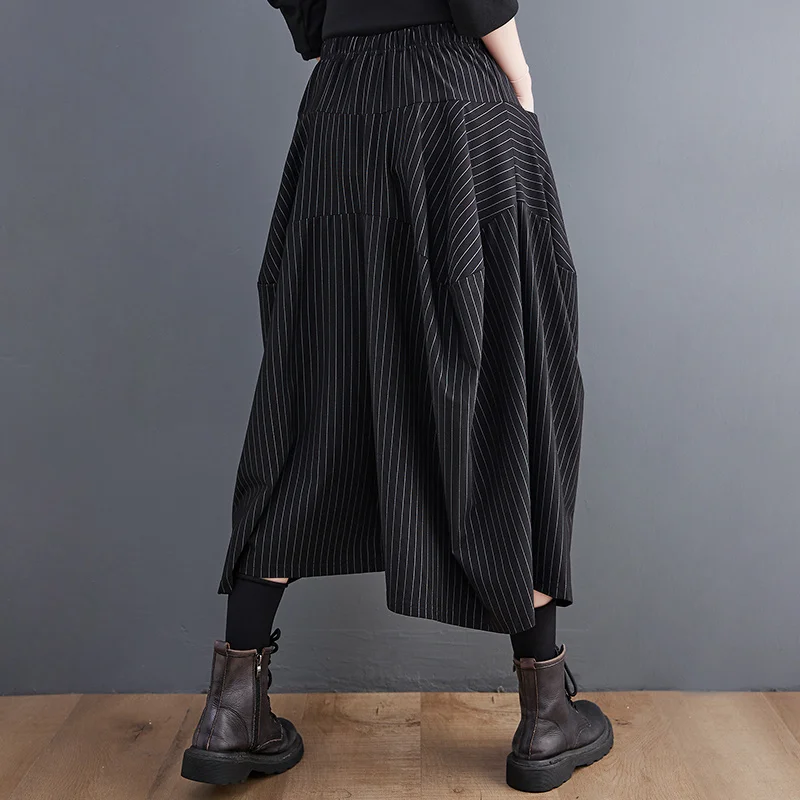 #2926 Vintage Striped Pants Women Loose Pockets Streetwear Vintage Wide Leg Pants Female Cross-pants Calf-length Loose Hip Hop