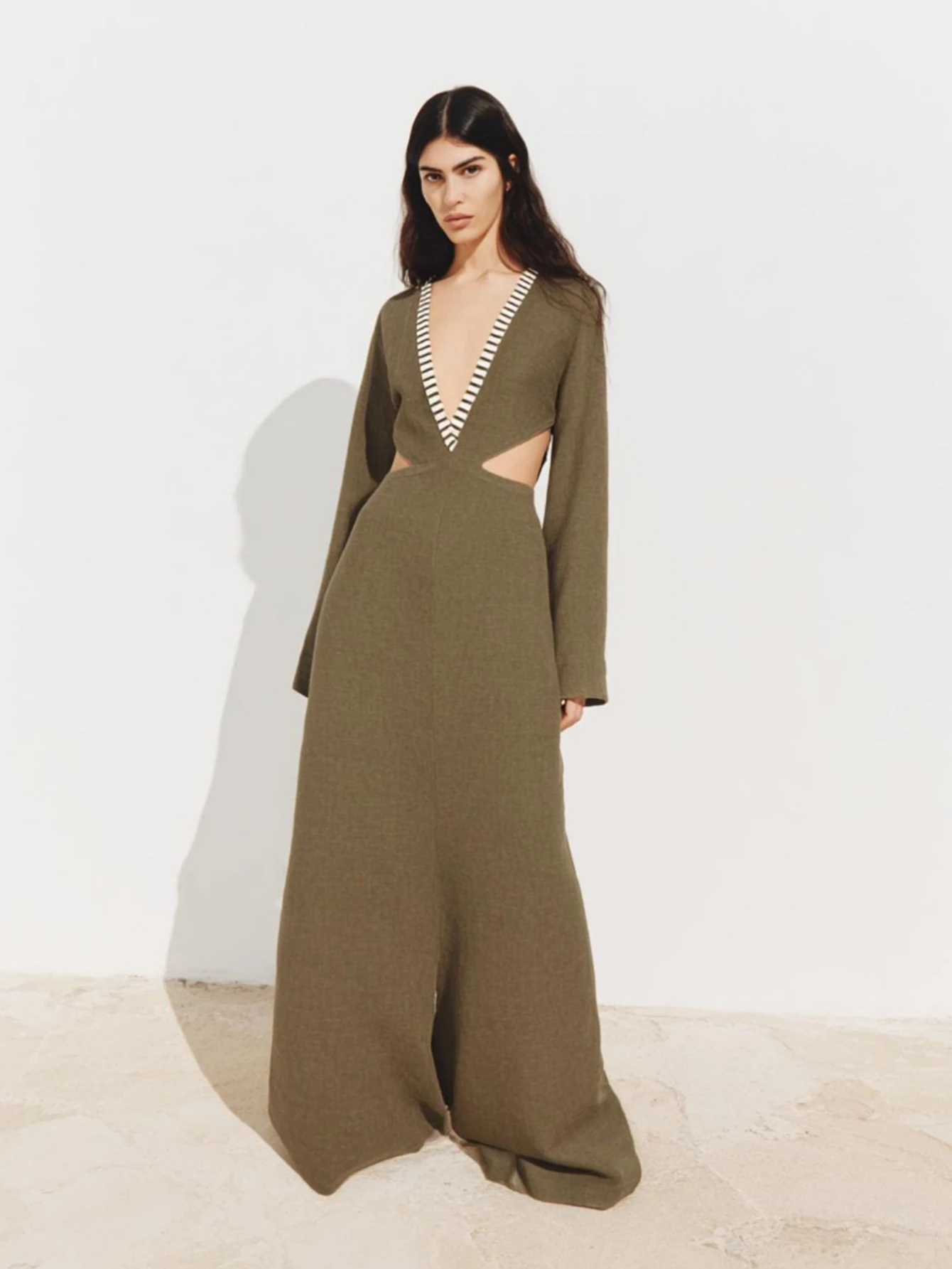 Robe Maxi à manches longues pour femmes, trou découpé, col plongeant, ligne a, décontractée, mode automne