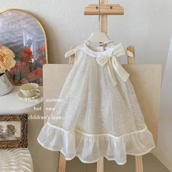 Baby Luxury Vintage Korean Dress Children's 2024 For Birthday Outdoor Summer 3 7 8 To 10 Years Girls White Off Shoulder Clothes