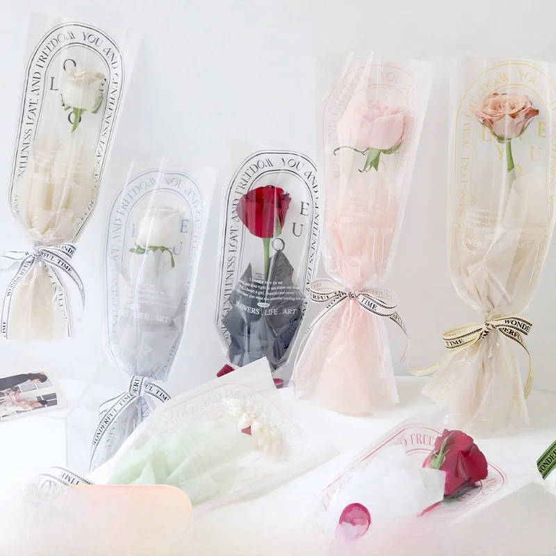 Simple Style Integrated Straight Tube Flower Shop Flower Bouquet Packaging Bag Transparent English  Flower Packaging Bag