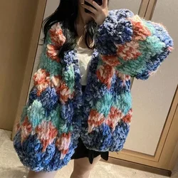 Winter V-neck Twist Flowers Crocheted Thick Needles Thick Furry Knitted Cardigan Long-sleeved Sweater Coat Flocking Jacket Tops