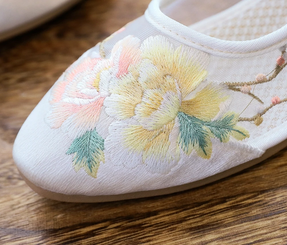 Veowalk Long Ankle Strap Summer Women Gauze Mesh Embroidered Ballet Flats Breathable Comfortable Walking Shoes for Elegant Lady