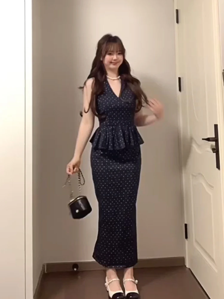 

XZY Retro Pure Desire V-ne Polka Dot Hanging Ne Dr Women's plus Size Summer Gathered Waist Fake Two-Piece Vest Long Dr