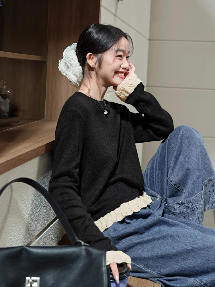 Red Knitted Fake Two-Piece Sweater Women's Spring Autumn New Sle Bla Hollow Lace Inner Wear Slimming Base irt Top