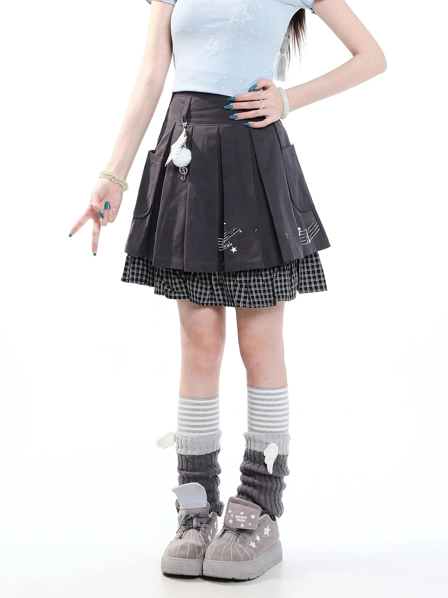 Casual High Waist Pleated  Skirt for Women Star Note Print Slimming Hip Covering A-Line Skirt Summer Leisure College Style