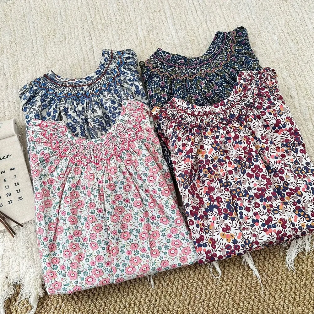 

toddler girl clothes baby tops Blue retro printed pattern girls' long sleeved shirt Handmade Embroidered Sweet Girl's T-shirt