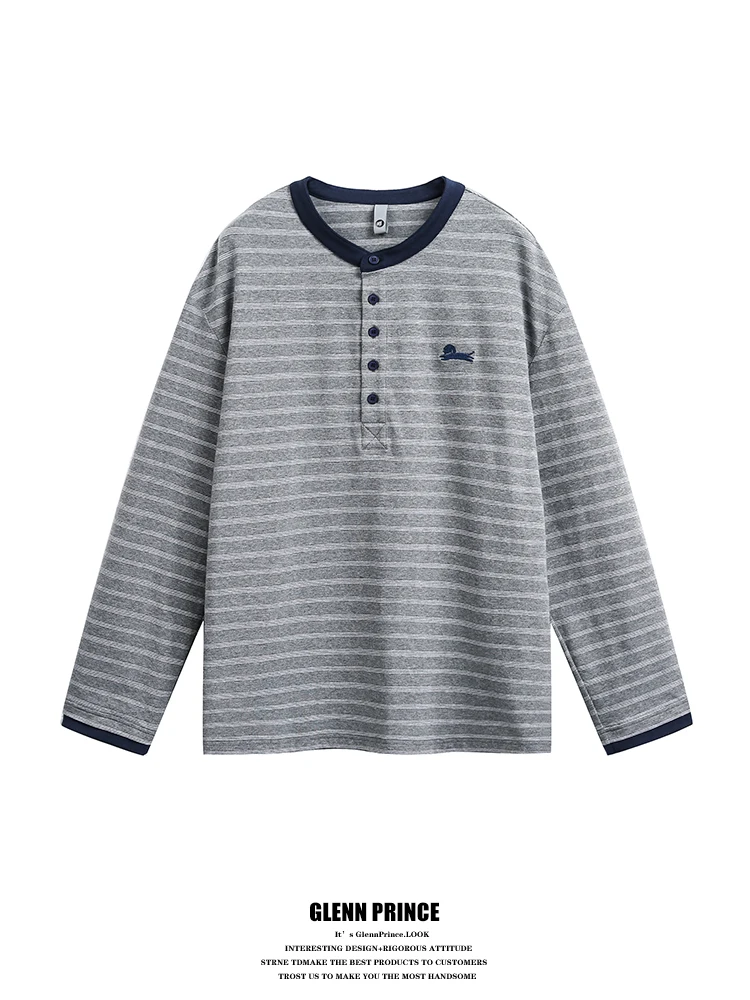 

GPstudio American Style Long Sleeve T-Shirt Henry Collar Embroidered Stripes Base Shirt Men's Fashion Retro Lazy Brand