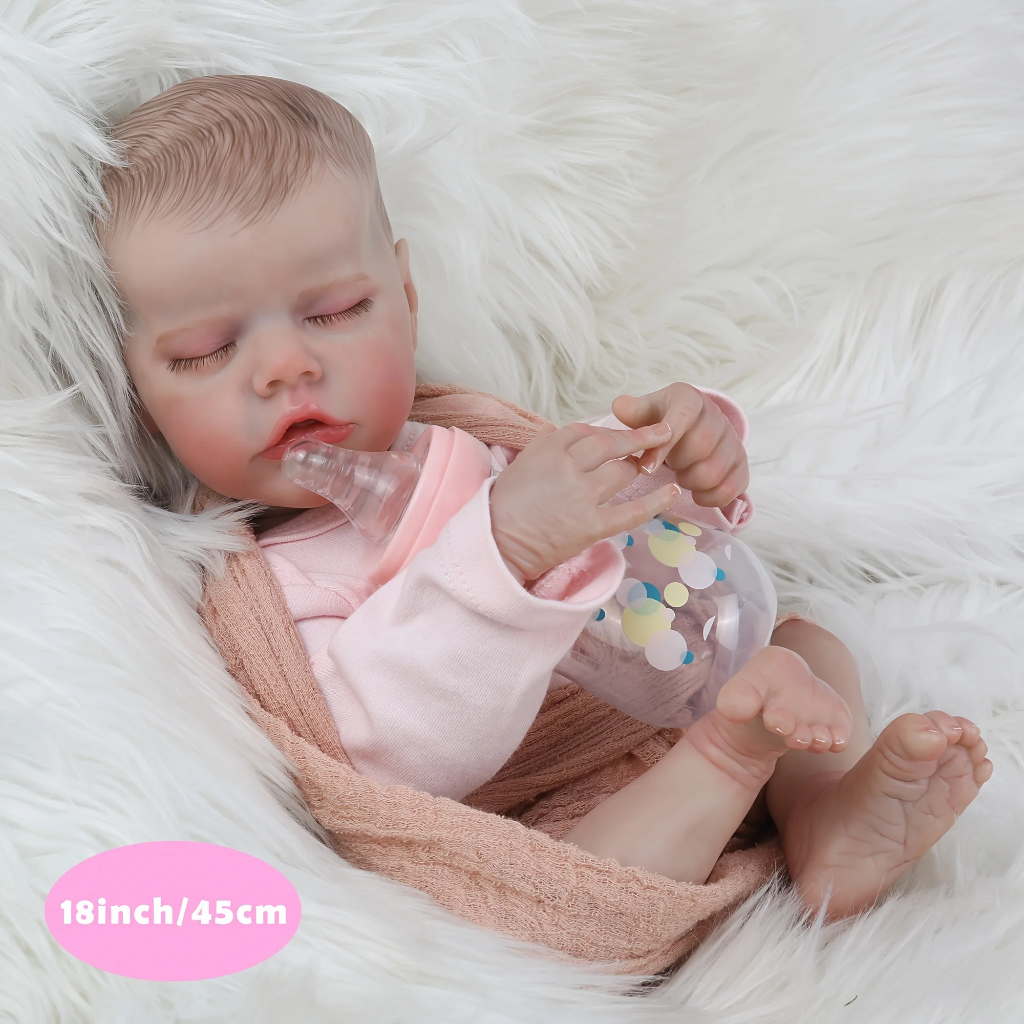 18-Inch Reborn Doll, Vinyl Material, Hand-Painted Hair, Cute Sleeping Pose with Closed Eyes, Color Box Packaging