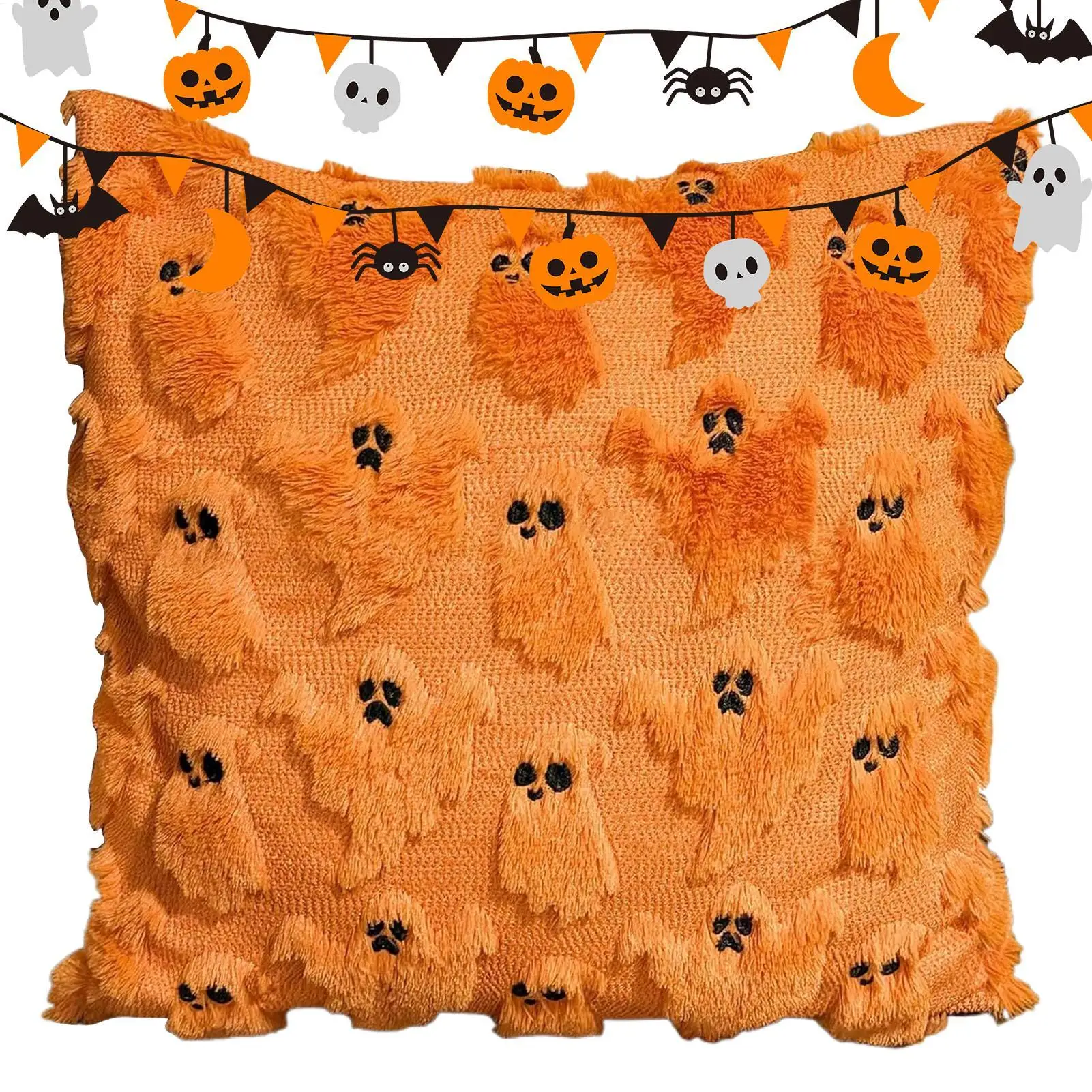 

Halloween Pillow Cases Ghost Pillow Covers Halloween 3D Embroidery 18X18 Inch Plush Case For Decor Couch Bedroom Living Sofa