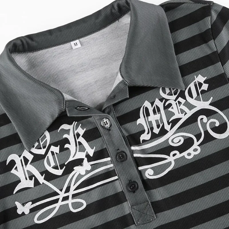 Goth Print Tops Stripe Cute Y2K T-Shirts Button Up V Neck Half Sleeve Sweat Shirts Tees