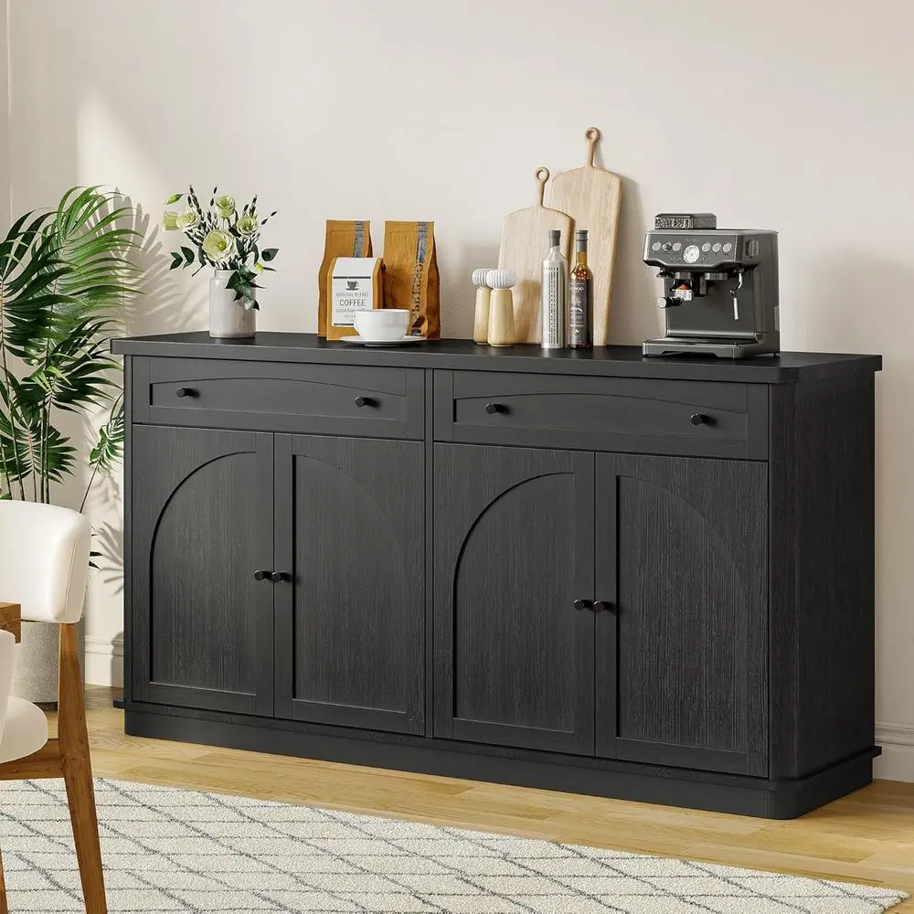 63 Curved Sideboard Cabinet with 2 Drawers, 4 Arched Doors, Adjustable Shelves for Kitchen or Living Room in Black