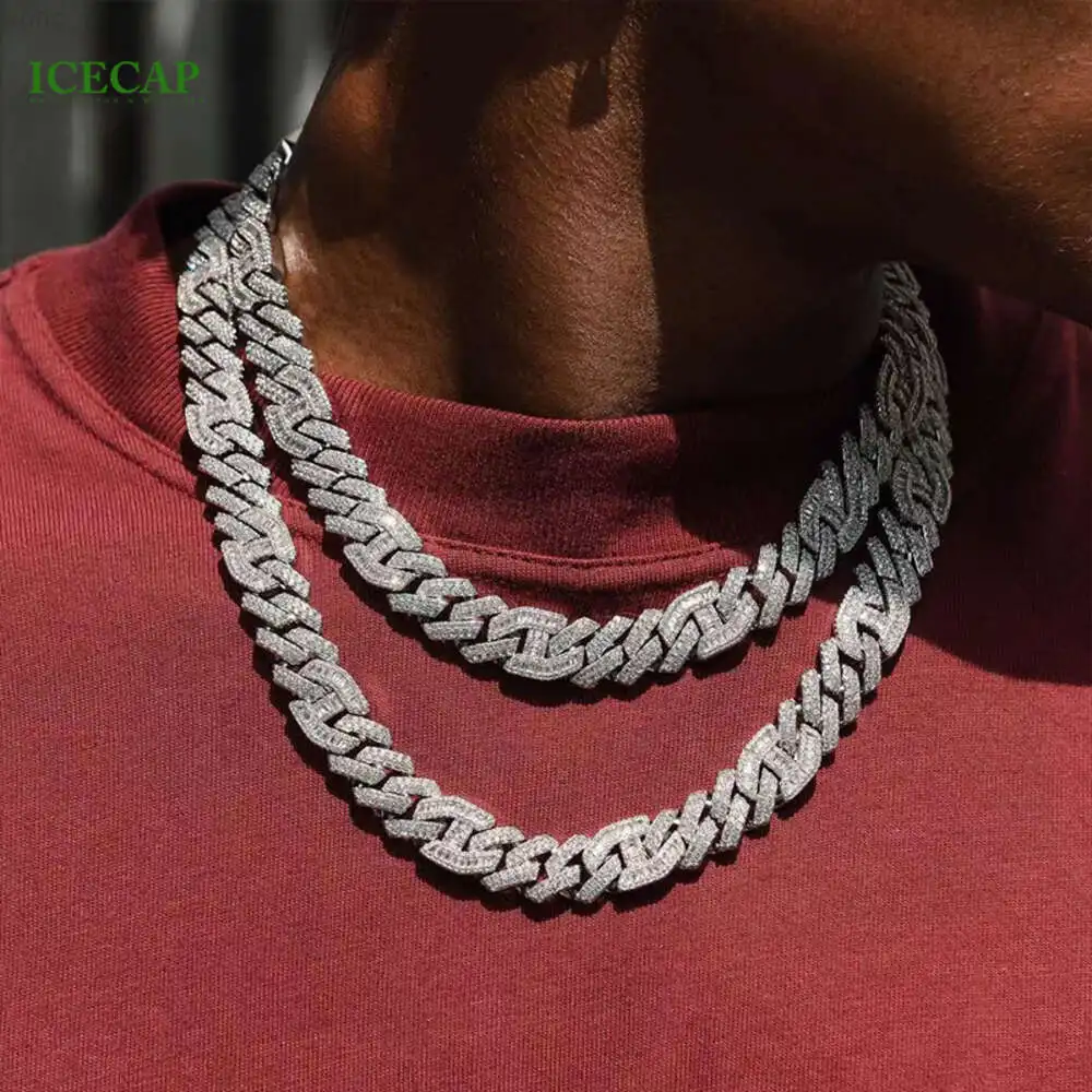 Luxury S925 Silver Baguette Cut Miami Moissanite Cuban Link 2 Tone Whiter Gold Plated Hip Hop Necklace