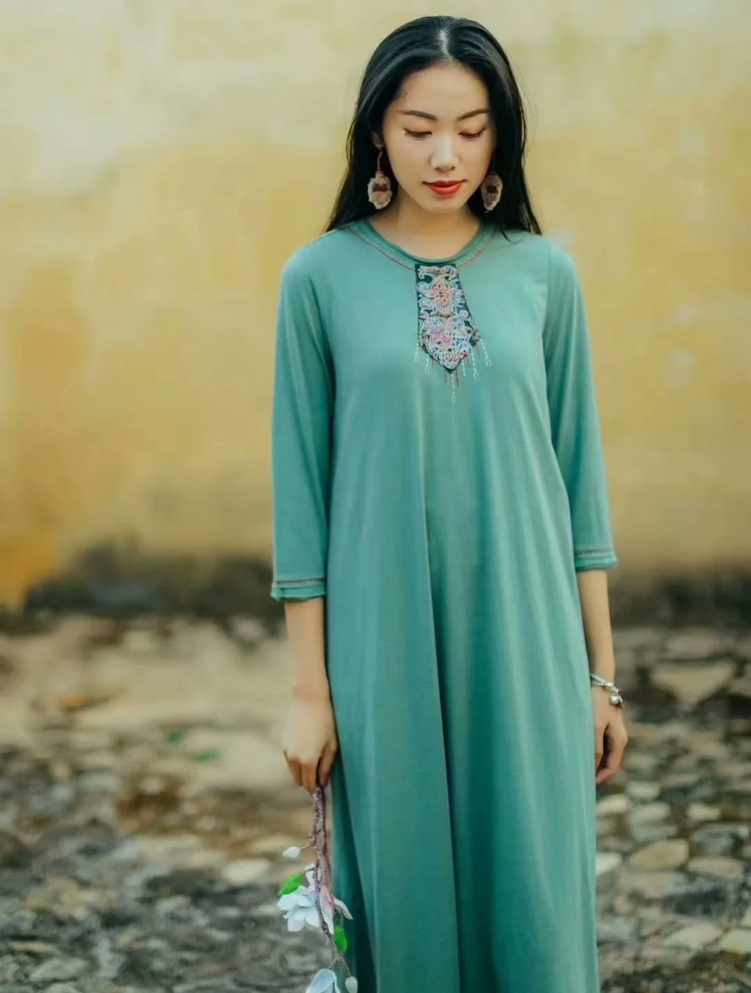 TOP Vintage embroidery bamboo fiber loose dresses Fashion casual O-Neck pullover green long dress