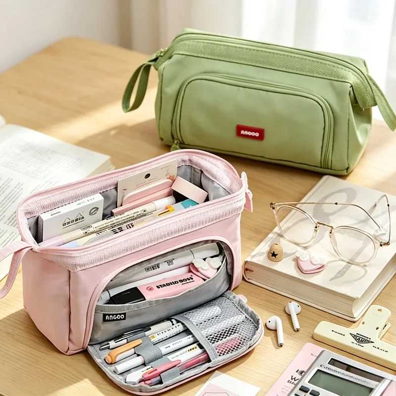 Angoo Cute Canvas Pencil Case Macaron Color Side Window Large Pencil Pouch Student School Stationery Storage Bag