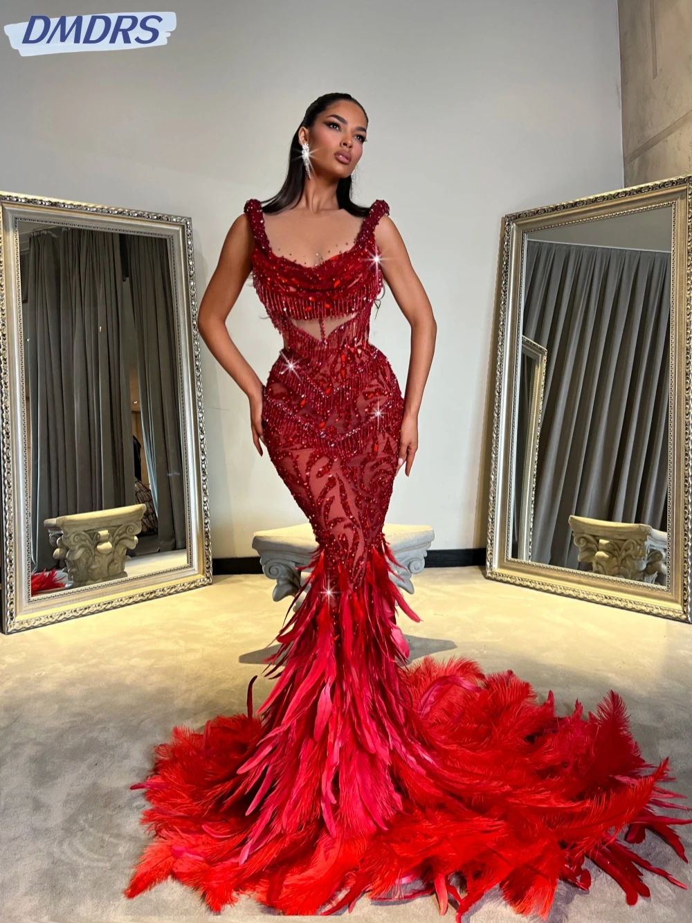 

Luxury Red Beaded Feathers Mermaid Evening Dress Sequined Tassel Wedding Party Gowns Customized Sexy Illusion Cocktail Gown