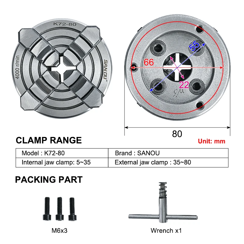 Mini 4 Jaw Independent Hardened Steel Lathe Chuck K72-80  Brand Manual High Accuracy Metal Lathe Chuck