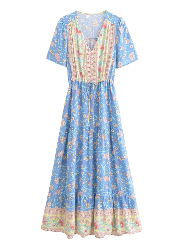 Vintage Chic Women Blue Floral Print Ruffles Sleeve Tassel Bohemian Maxi Dresses Lady V-neck Rayon Happie Boho Dress Robe