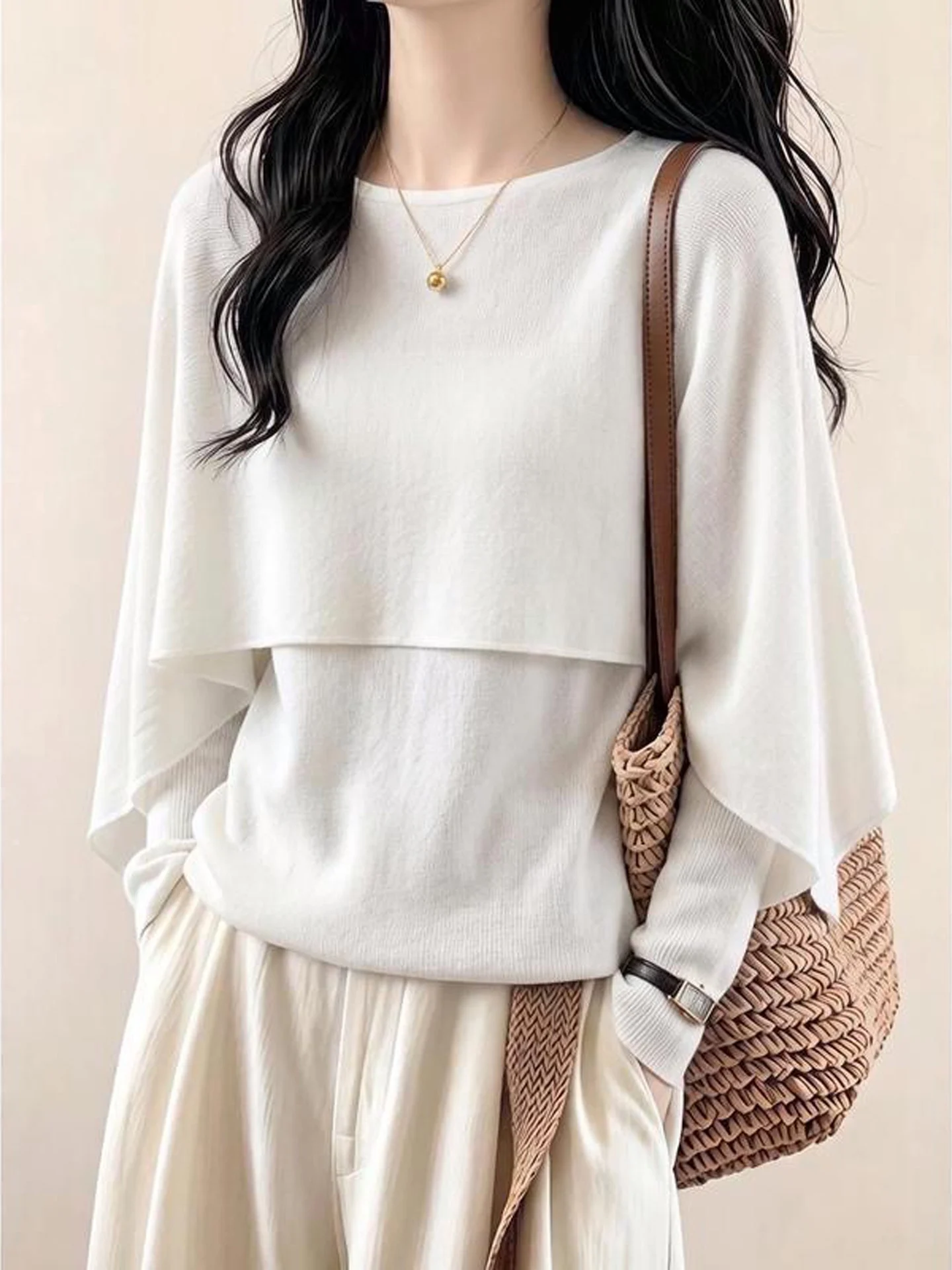 Loose Long Sleeve Women's Base Shirt Korean Style Design Velvet Cowl Neck Poncho Shoulder Wrap Autumn Winter Slimming Versatile