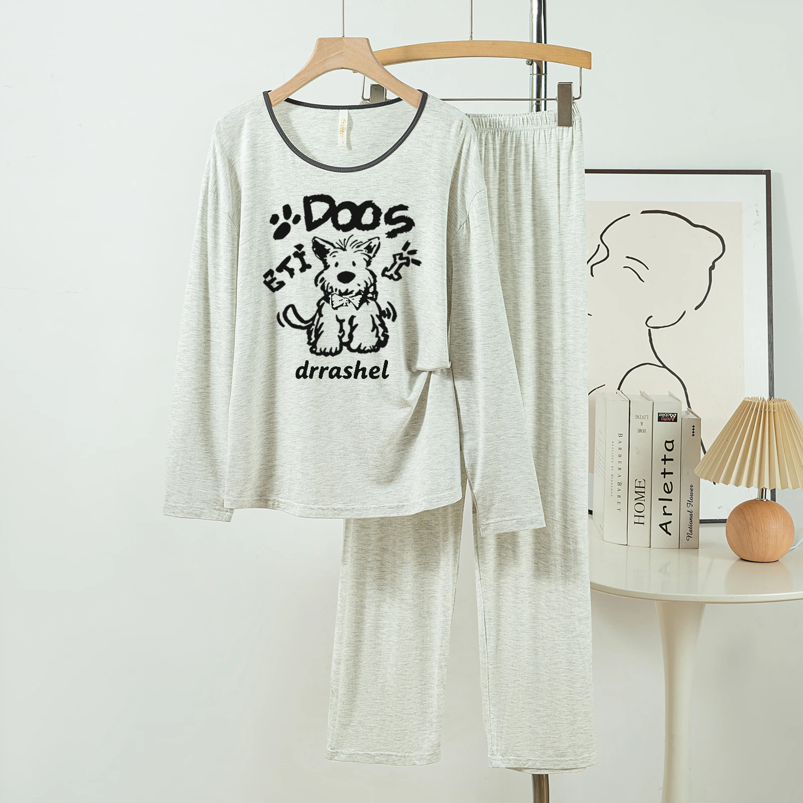 

5181-305 Casual and Comfortable Modal Cotton Pajamas for Women, New Spring and Autumn Long-Sleeved Long Pants Solid Color Casual