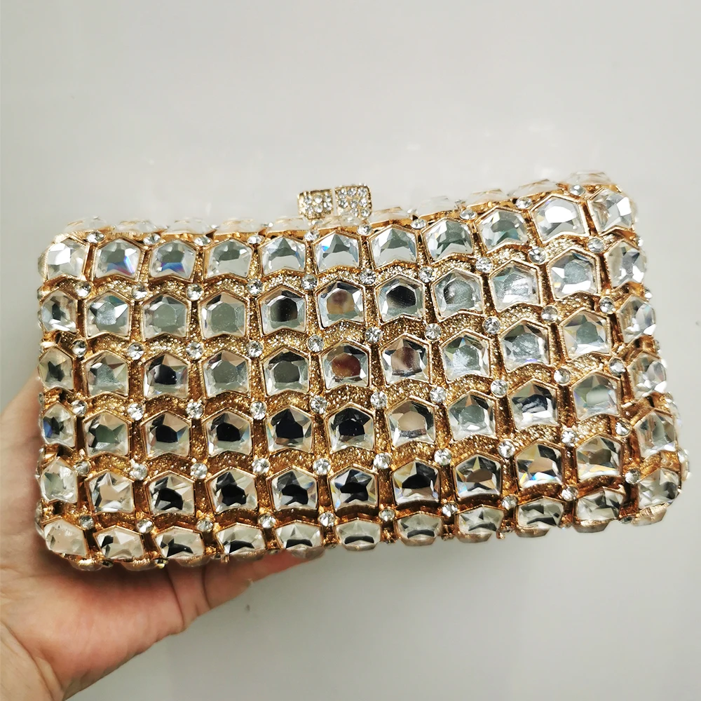 Large White Glass Women Crystal Clutches Luxury Designer Gold Metal Wedding Purses Yellow Diamond Rhinestone Girls Party Bags