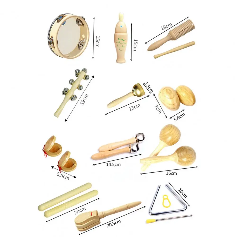 7/9/13Pcs Kids Musical Instrument Kit Wooden Maracas Castanets Clarinet Tambourine Triangle Educational Percussion Toy