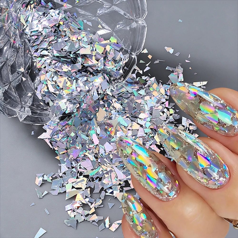 1bag Holographic Irregular Nail Glitter Sequins Laser Silver 2.5g Broken Glass Flakes Shiny Nail Decor Supplies For DIY Manicure