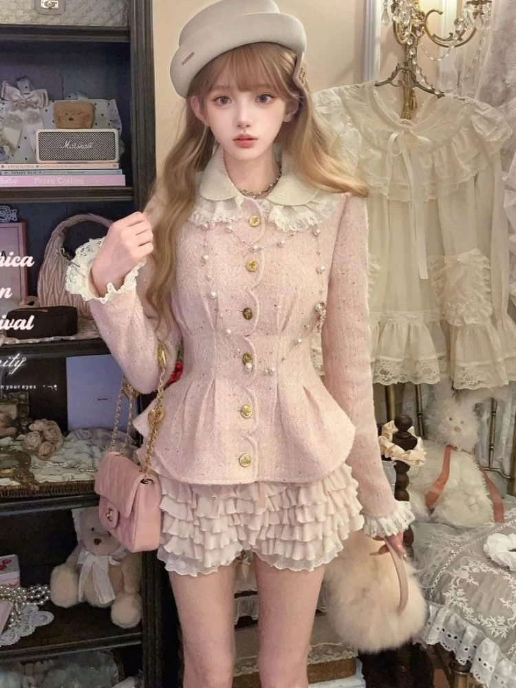 

Весенний милый теплый тонкий розовый кружевной лоскутный костюм Франция Kawaii красивый клетчатый бант комплект из 2 предметов женский дизайн элегантные модные наряды