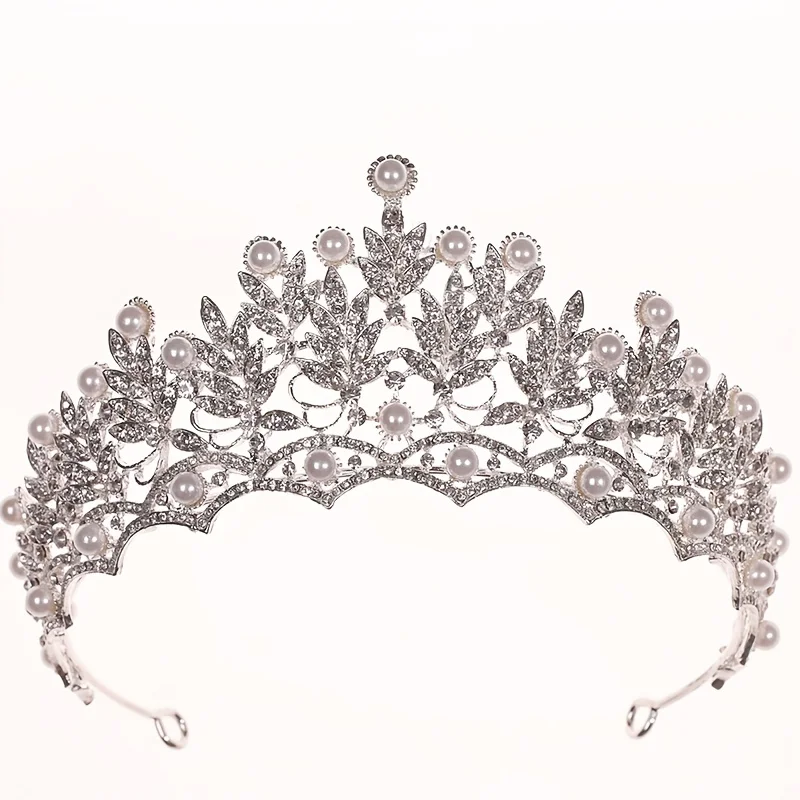 Zilver Kleur Kristal Parel Tiara's En Kronen Strass Prom Diadeem Vrouwen Bruids Bruiloft Haaraccessoires Sieraden Kroon Tiara