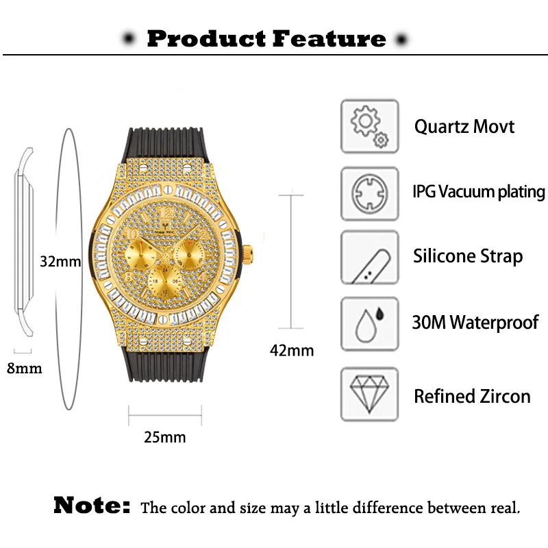 MISSFOX Fashion Casual Watch For Mens Hip Hop Iced Diamond Gold Clocks Sports Rubber Strap Quartz Wristwatch Mans Free Shopping