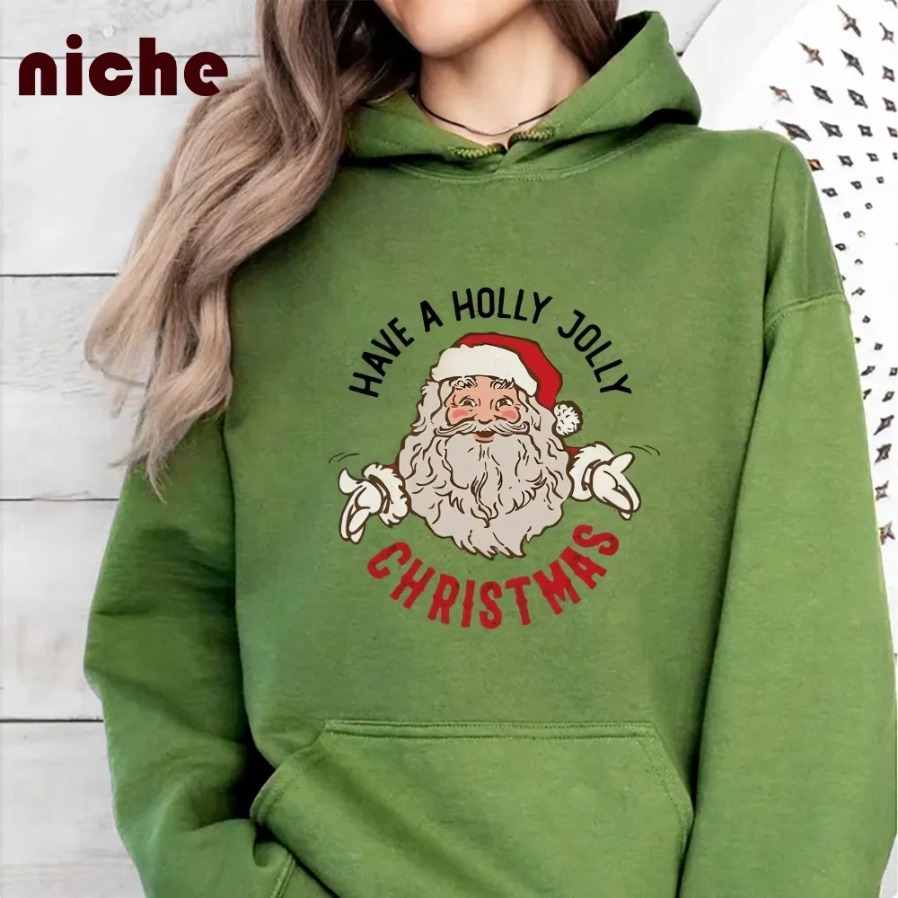 

Ladies Hooded Sweater Christmas Style Santa Graphic Print Chic Pure Cotton Soft High Quality Fabric Trendy New Sweatshirt