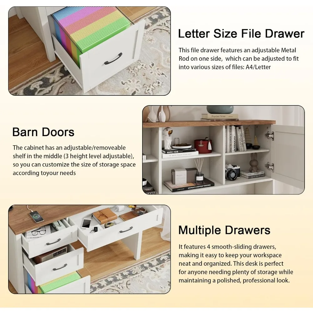 

67" Farmhouse Executive Desk - Hutch with LED Light, 4 Drawers & Charging Station for Home Office