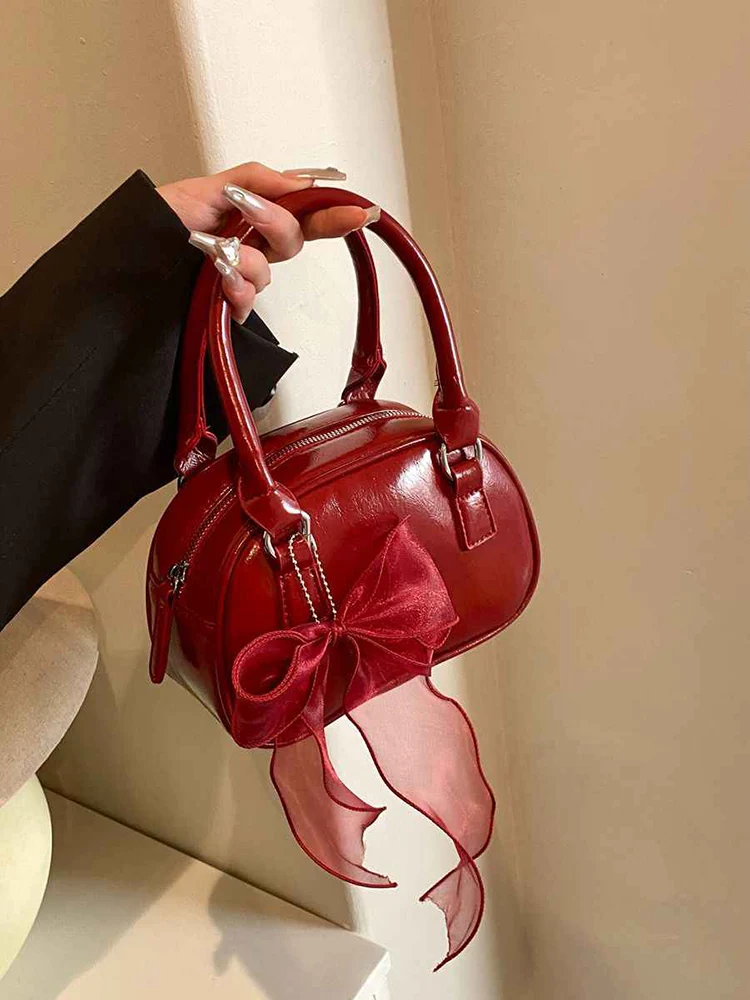 

Women's Red Handbag Korean Style Fashion Lace Bow Decorate Bride Square Bags 2025 New Pu Leather Crossbody Bag Female