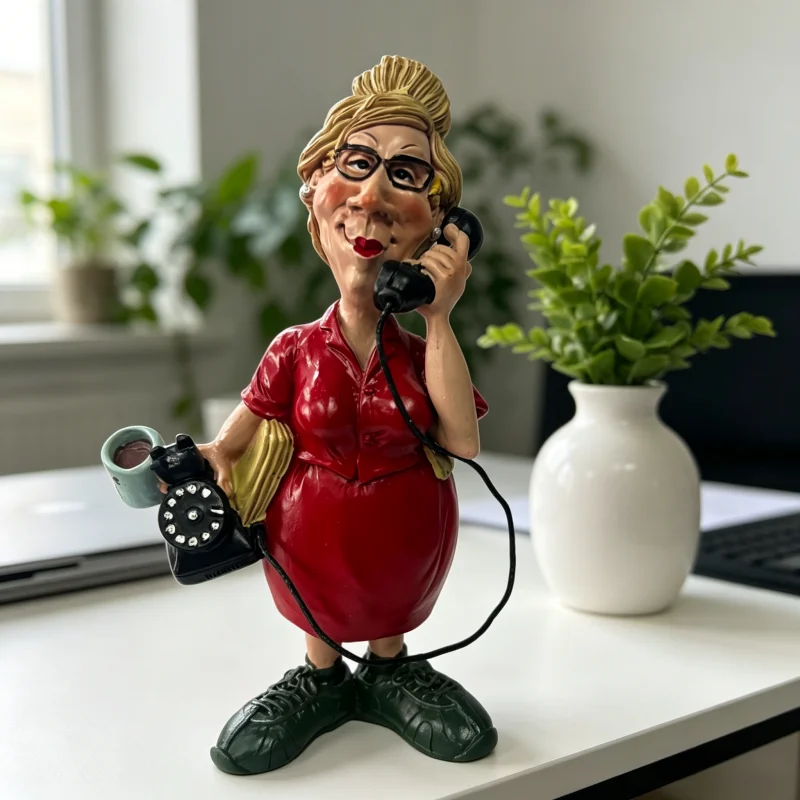 Cartoon Office Lady Figurine Resin Statue, Funny Secretary with Telephone & Coffee Cup, Red Outfit Desk Decor