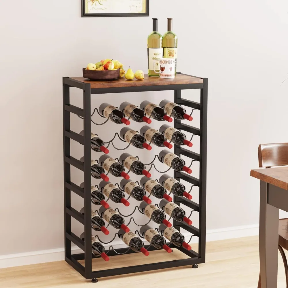 6-Tier Wine Rack with Wooden Table Top, Holds 30 Bottles, Freestanding Floor Storage for Kitchen Bar Pantry