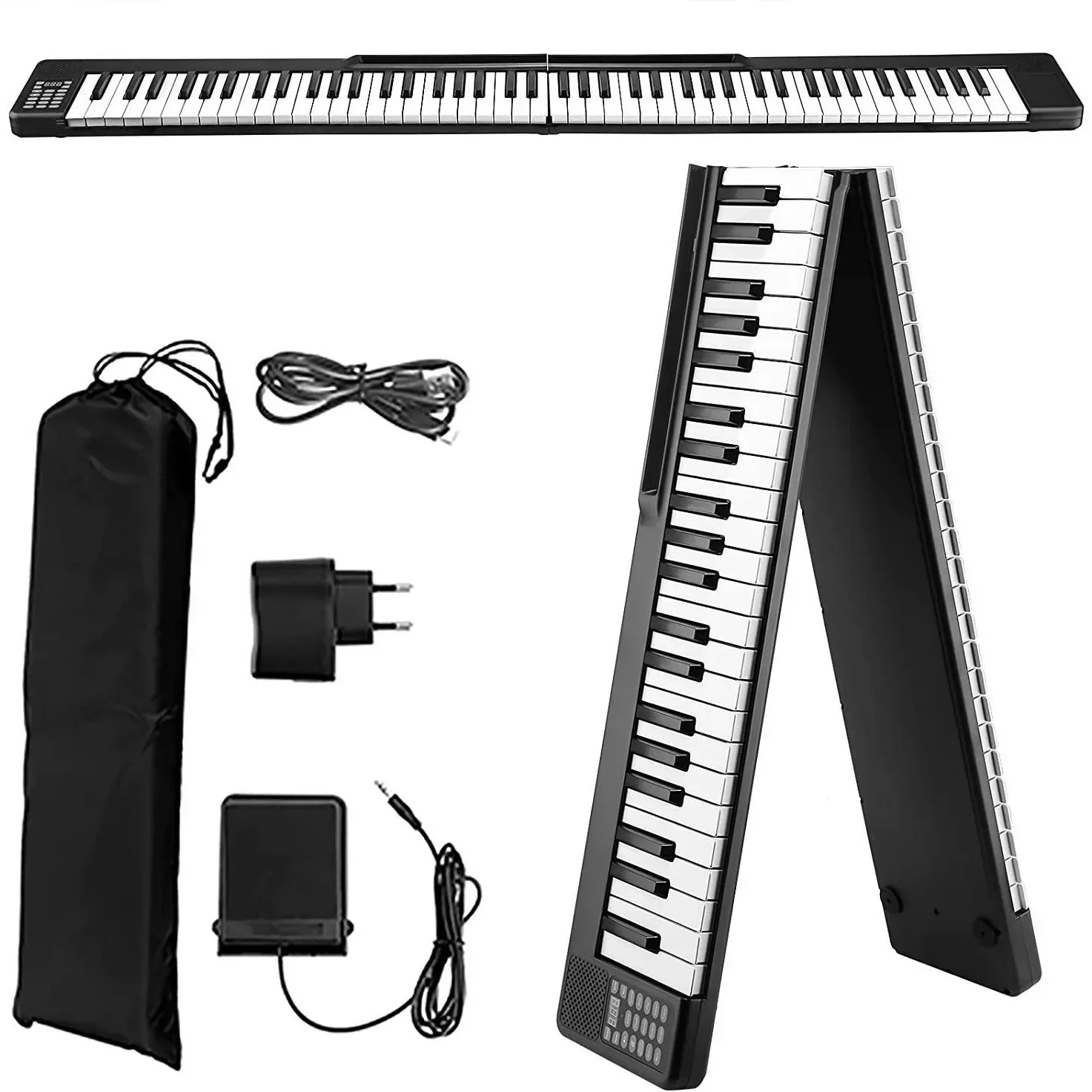 Black White Multi-Function Folding Piano, 88 Keys, Professional Foldable Keyboard, Music Portable Digital Midi Synthesizer