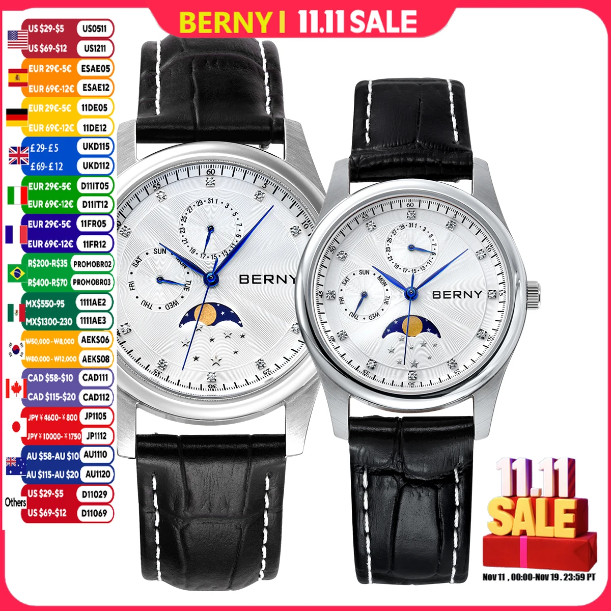 BERNY zegarki kwarcowe dla par prawdziwa фаза księżyca zegarek z kalendarzem dla mężczyzn/kobiet elegancki luksusowy damski zegarek na rękę zestaw pudełek upominkowych