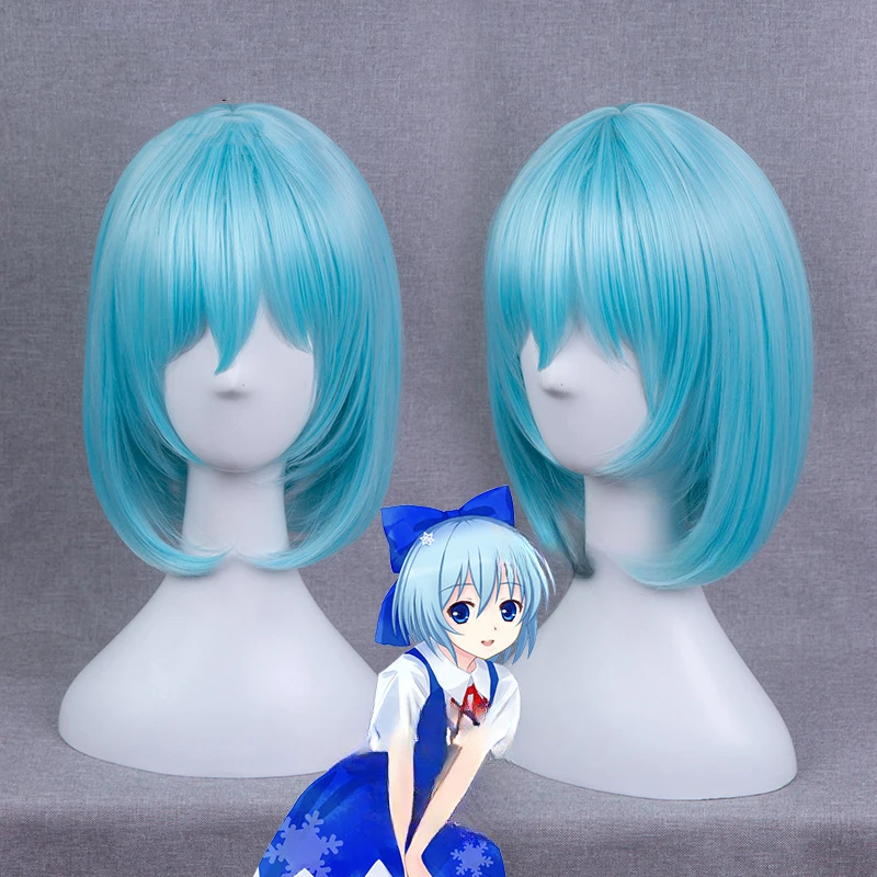 TouHou Project Cirno Cosplay Blue Wig Short Curly Heat Resistant Synthetic Hair for Women Costume Gift