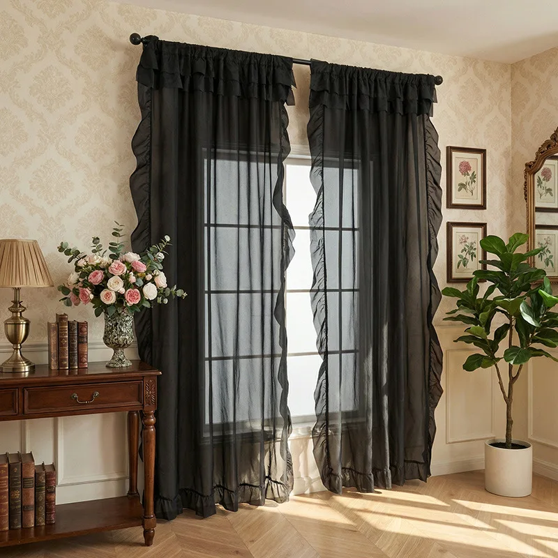 

Curtain Various Color with Ruffle Sheer Window Curtains for Living Room 2 Panels Rod Pocket Pastoral Style Solid Shading Drape