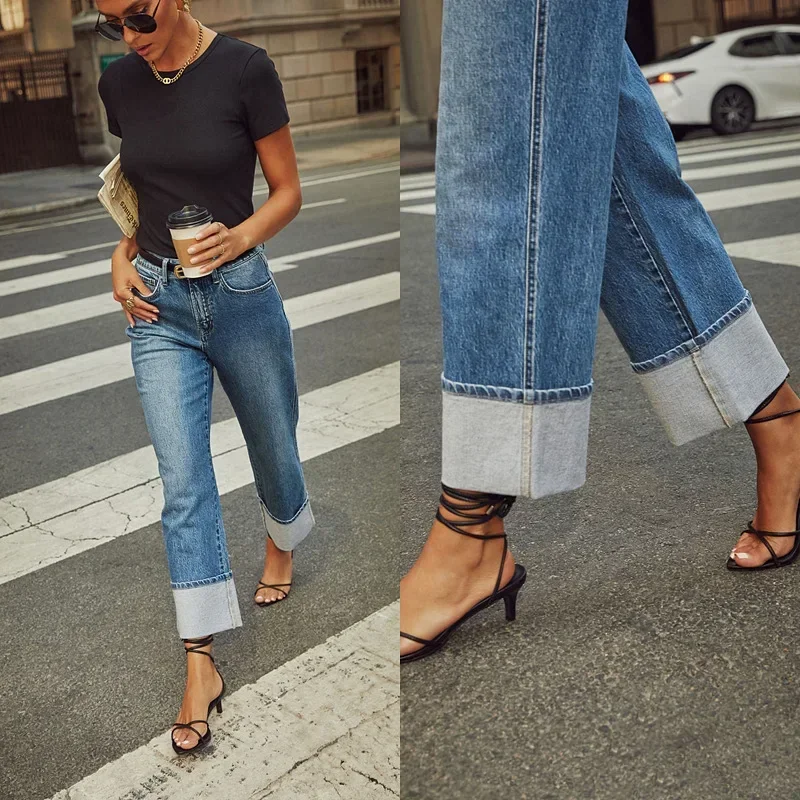 Jeans Wanita 2024 Celana Lurus Melar Musim Gugur Celana Panjang Pergelangan Kaki Denim Tertekan Antik Pinggang Tinggi Saku Celana Denim Kasual