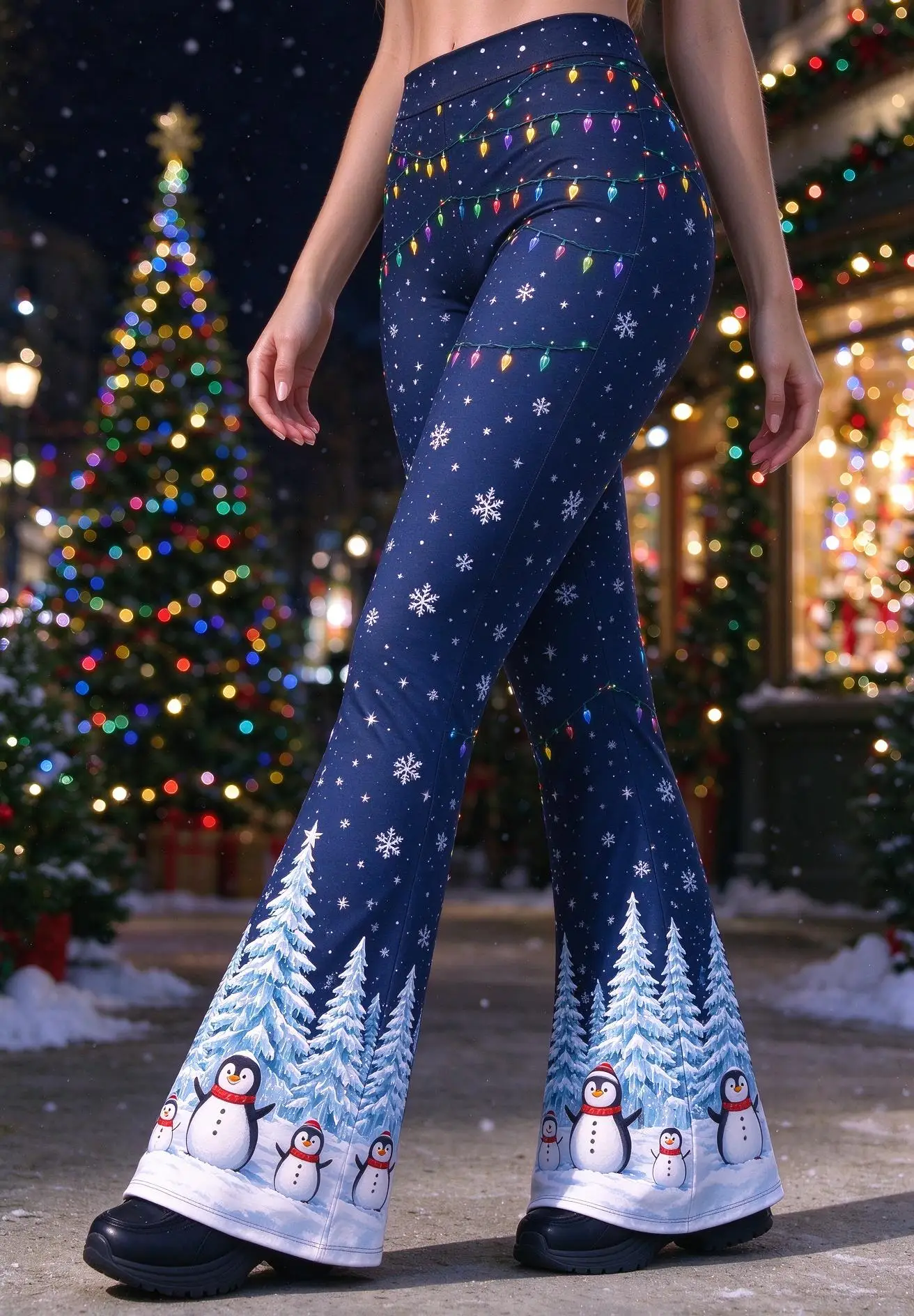 Women Mid-Rise Slim Flared Pants Christmas Black String Lights Snowman Pine Tree Print Stretch Bell Bottoms