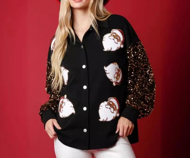 

Women's Christmas Cardigan 2025 Autumn Winter Latest Santa Claus Long Sleeved Button Down Shirt Sequined Sleeve Jacket Coat Top