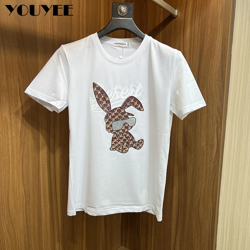 Short-sleeved T-shirt Men\'s 2023 Summer New Year Rabbit Print Fashion Male Tees Round-neck Top Bottom Shirt Man Clothing M-7XL