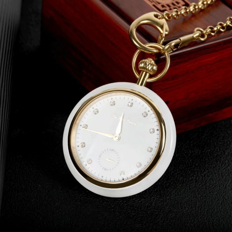 Universal Mechanical Pocket Watch Retro Permanent White Jade Mechanical Watch Portable Elegant Pocket Watch Mechanical Watch