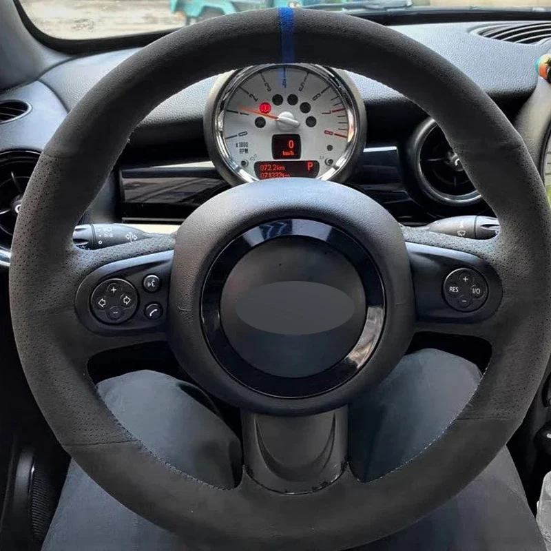 Alcantara Steering Wheel Cover Real Leather Blue Thread Blue Stripe Car Accessoires for Mini R56 R57 CLUBMAN PACEMAN ROADSTER