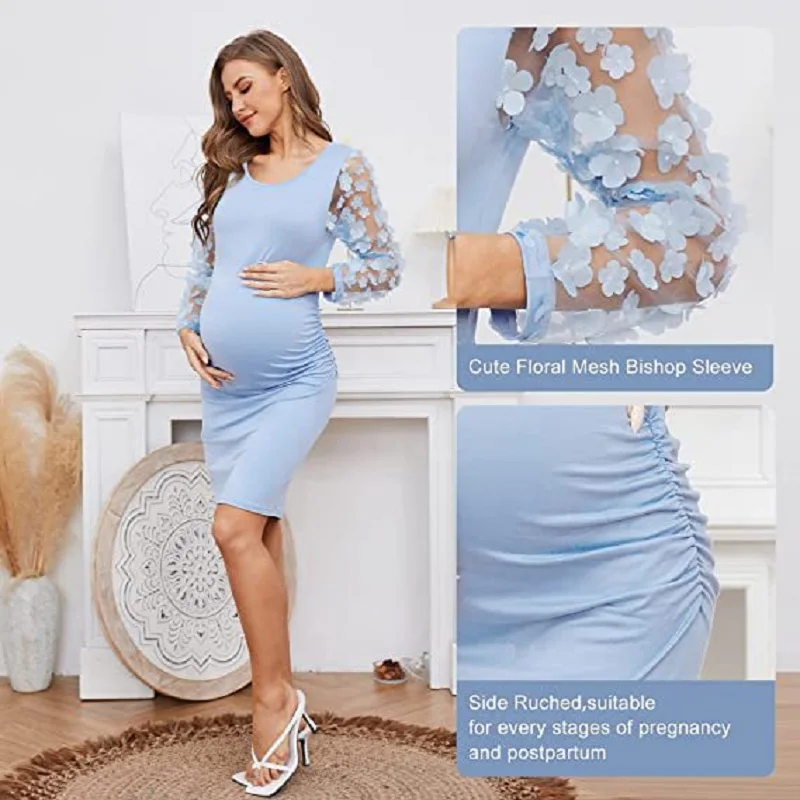 Floral Mesh Bishop Long Sleeve Maternity Midi Dress, Fall Maternity Bodycon Dress for Baby Shower/Wedding Guest/Photoshoot