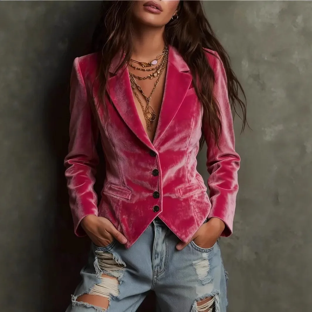 Women's Fuchsia Velvet Blazer Jacket Notched Lapel Single Breasted 4 Buttons Pockets Fitted Cropped Long Sleeve Casual Outerwear