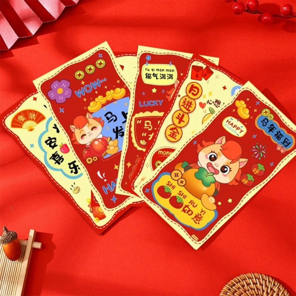 

6pcs Chinese Style 2026 New Year Red Envelope Traditional Cartoon Lucky Money Pockets Zodiac Horse Theme Thickened